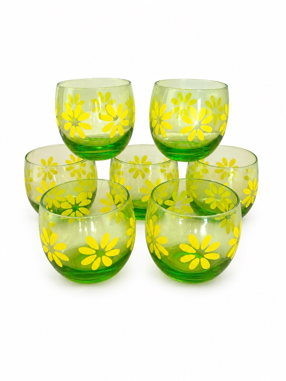 Vintage 1960’s 1970’s Roly-Poly Federal  Green Yellow Daisy Cocktail Glasses